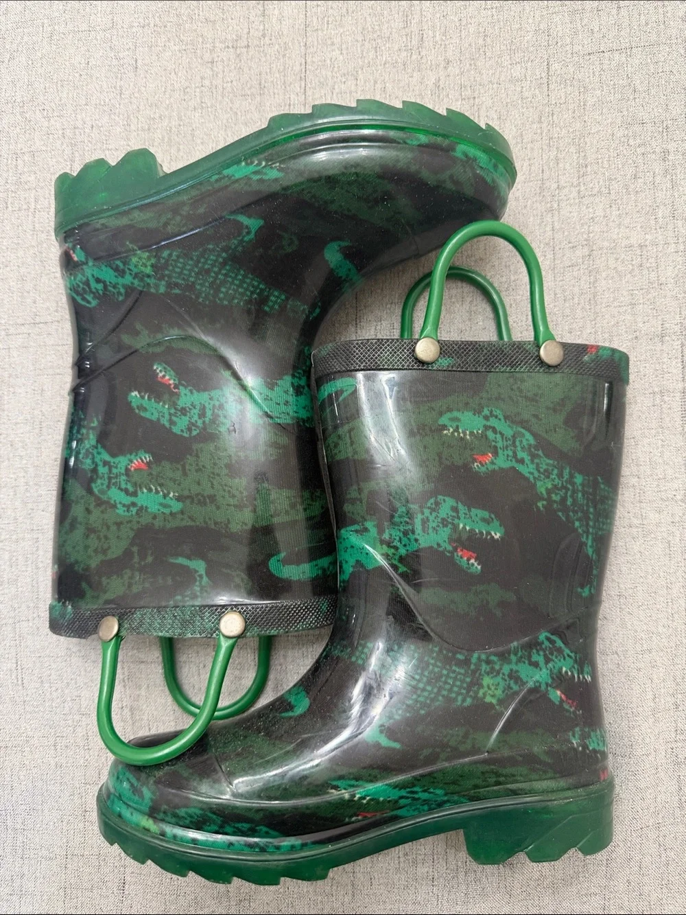 Kids Green Dinosaur Light Up Rain Boots - Waterproof Pull-On Size 9/10
